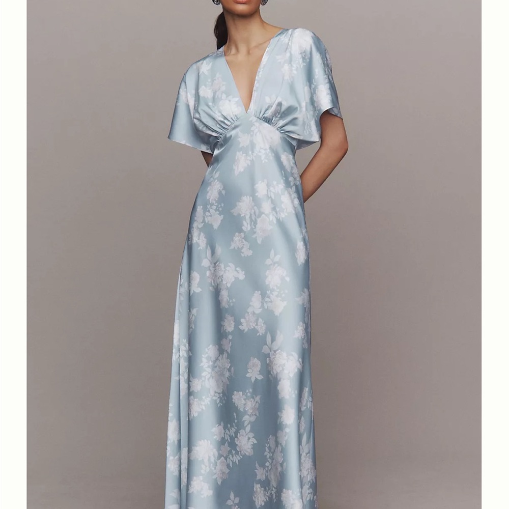 BHLDN Leila Deep-V Flutter-Sleeve Satin A-Line Gown